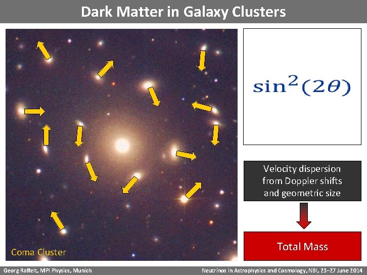 Dark Matter in Galaxy Clusters Velocity dispersion from Doppler shifts and geometric size Coma