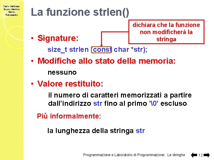 Carlo Gaibisso Bruno Martino Marco Pietrasanto La funzione strlen() dichiara che la funzione non