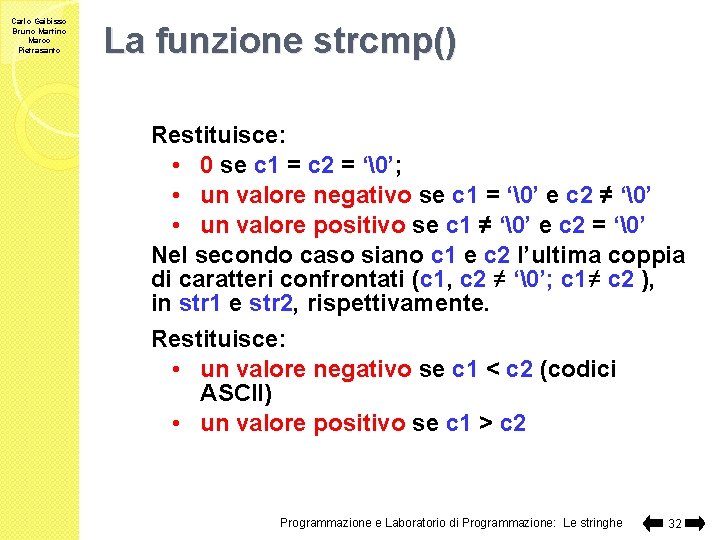Carlo Gaibisso Bruno Martino Marco Pietrasanto La funzione strcmp() Restituisce: • 0 se c