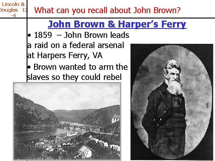 Lincoln & Douglas 12 -4 What can you recall about John Brown? John Brown