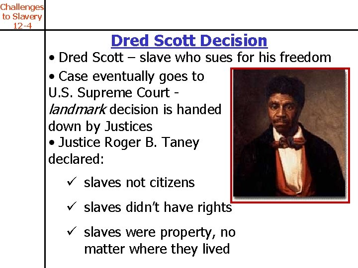 Challenges to Slavery 12 -4 Dred Scott Decision • Dred Scott – slave who