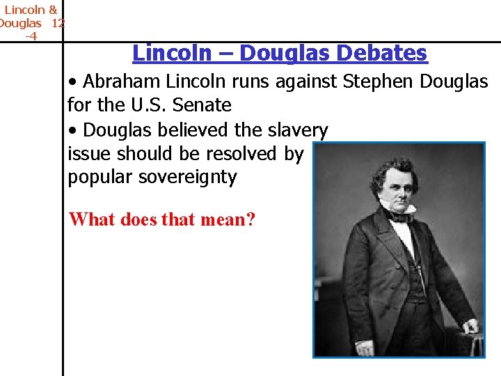 Lincoln & Douglas 12 -4 Lincoln – Douglas Debates • Abraham Lincoln runs against