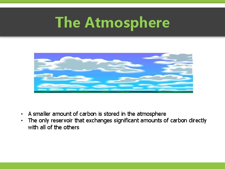 The Atmosphere • A smaller amount of carbon is stored in the atmosphere •