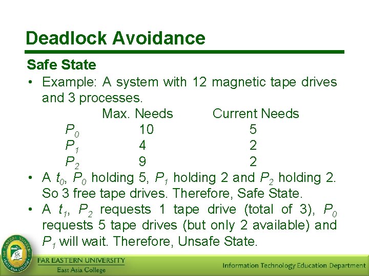 Deadlock Avoidance Safe State • Example: A system with 12 magnetic tape drives and