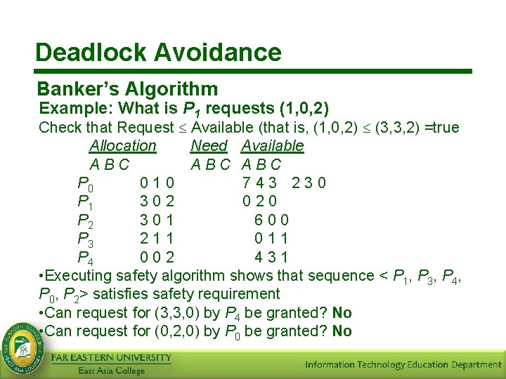 Deadlock Avoidance Banker’s Algorithm Example: What is P 1 requests (1, 0, 2) Check