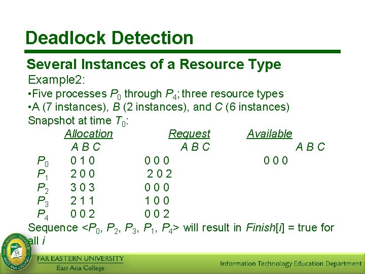 Deadlock Detection Several Instances of a Resource Type Example 2: • Five processes P