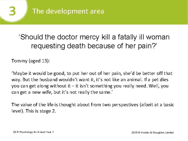 The development area ‘Should the doctor mercy kill a fatally ill woman requesting death