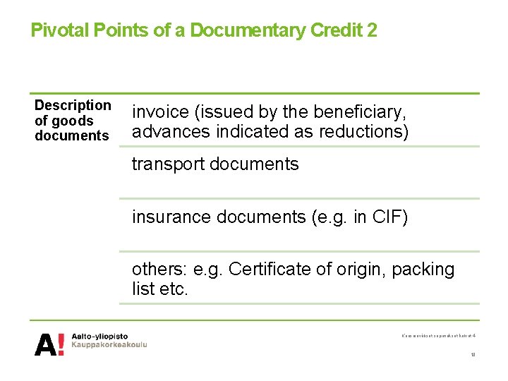 Pivotal Points of a Documentary Credit 2 Description of goods documents invoice (issued by