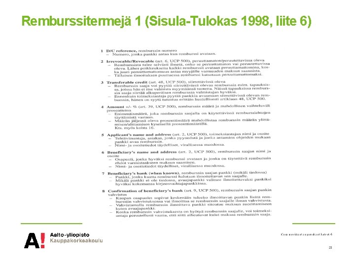 Remburssitermejä 1 (Sisula-Tulokas 1998, liite 6) Kansainväliset sopimukset kalvot 4 23 