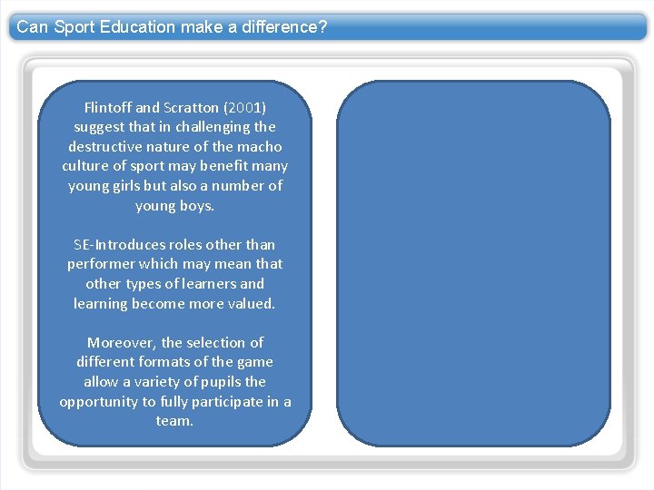 Can Sport Education make a difference? Flintoff and Scratton (2001) suggest that in challenging