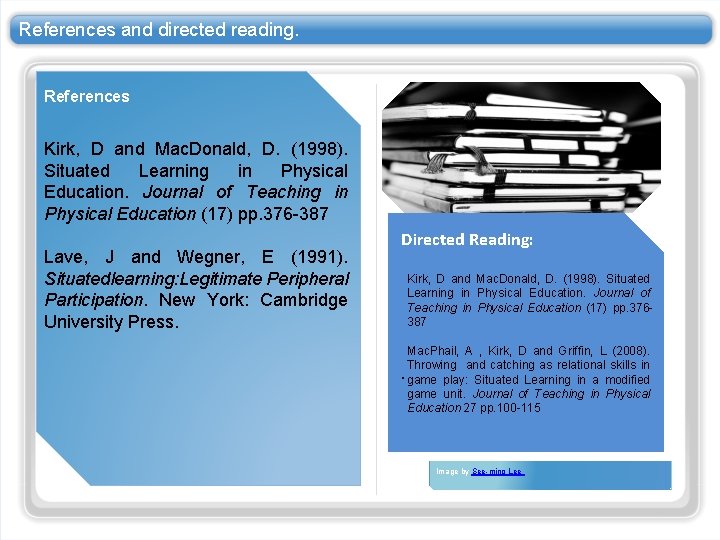References and directed reading. References Kirk, D and Mac. Donald, D. (1998). Situated Learning