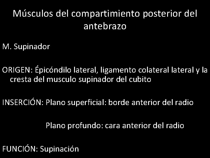 Músculos del compartimiento posterior del antebrazo M. Supinador ORIGEN: Épicóndilo lateral, ligamento colateral y