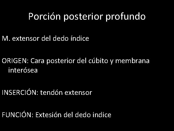 Porción posterior profundo M. extensor del dedo índice ORIGEN: Cara posterior del cúbito y