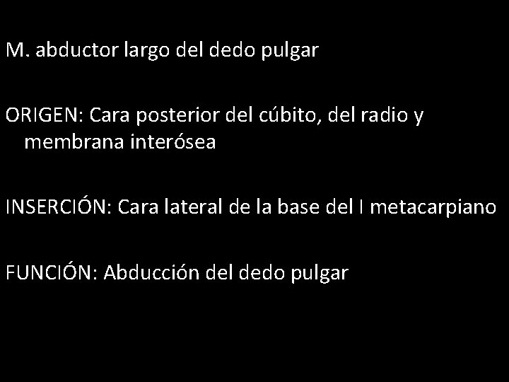 M. abductor largo del dedo pulgar ORIGEN: Cara posterior del cúbito, del radio y