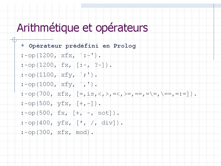 Arithmétique et opérateurs w Opérateur prédéfini en Prolog : op(1200, xfx, `: '). : Arithmétique et opérateurs w Opérateur prédéfini en Prolog : op(1200, xfx, `: '). :