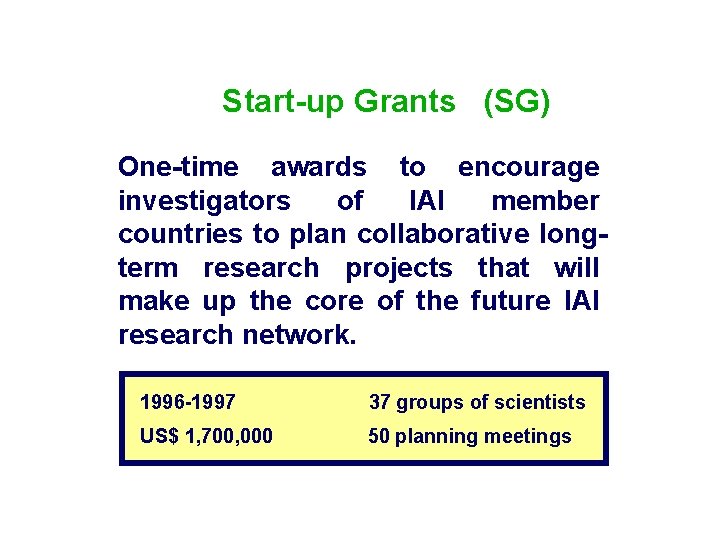 Start-up Grants (SG) One-time awards to encourage investigators of IAI member countries to plan