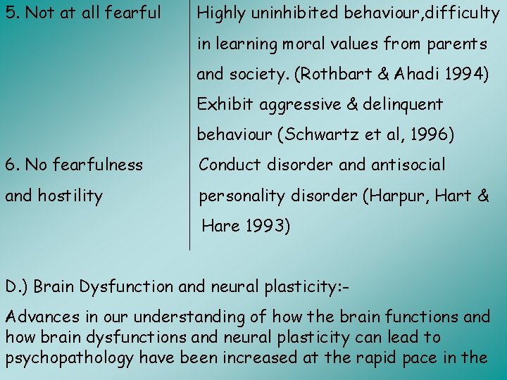 5. Not at all fearful Highly uninhibited behaviour, difficulty in learning moral values from