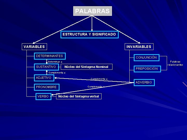 PALABRAS ESTRUCTURA Y SIGNIFICADO VARIABLES INVARIABLES DETERMINANTES CONJUNCIÓN Palabras relacionantes Determinan a SUSTANTIVO Núcleo