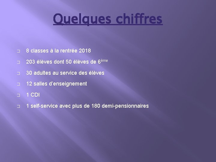 Quelques chiffres � 8 classes à la rentrée 2018 � 203 élèves dont 50