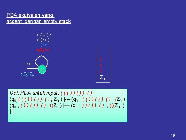 PDA ekuivalen yang accept dengan empty stack (, Z 0 / ( Z 0