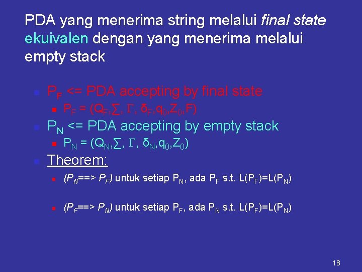 PDA yang menerima string melalui final state ekuivalen dengan yang menerima melalui empty stack