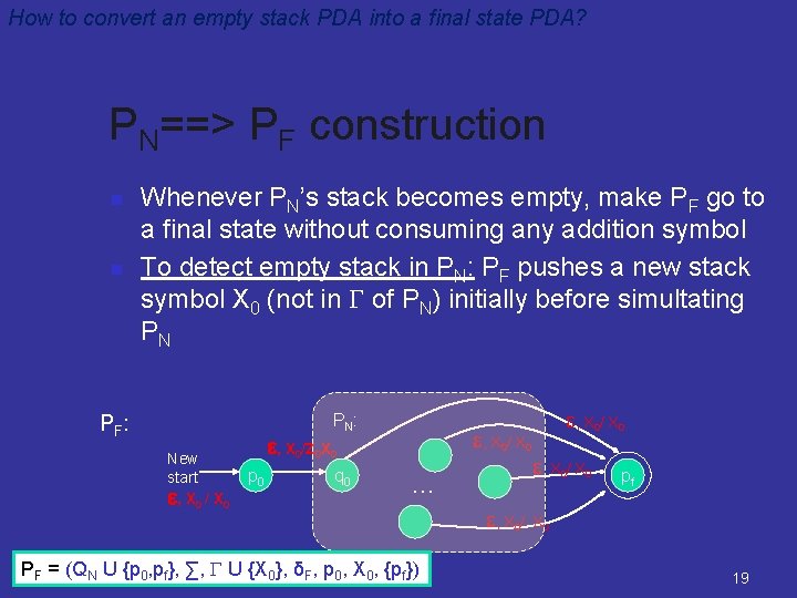 How to convert an empty stack PDA into a final state PDA? PN==> PF