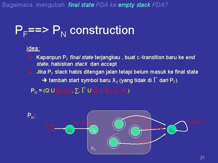 Bagaimana mengubah final state PDA ke empty stack PDA? PF==> PN construction n idea: