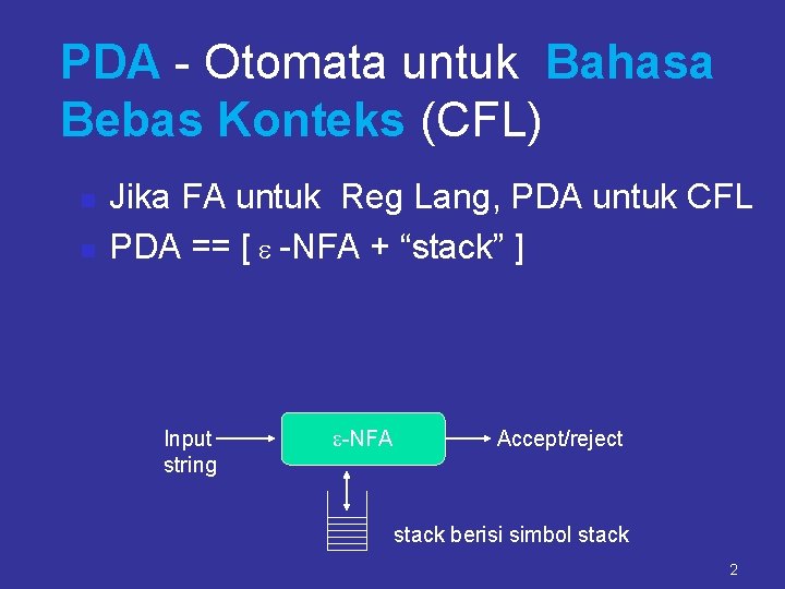 PDA - Otomata untuk Bahasa Bebas Konteks (CFL) n n Jika FA untuk Reg