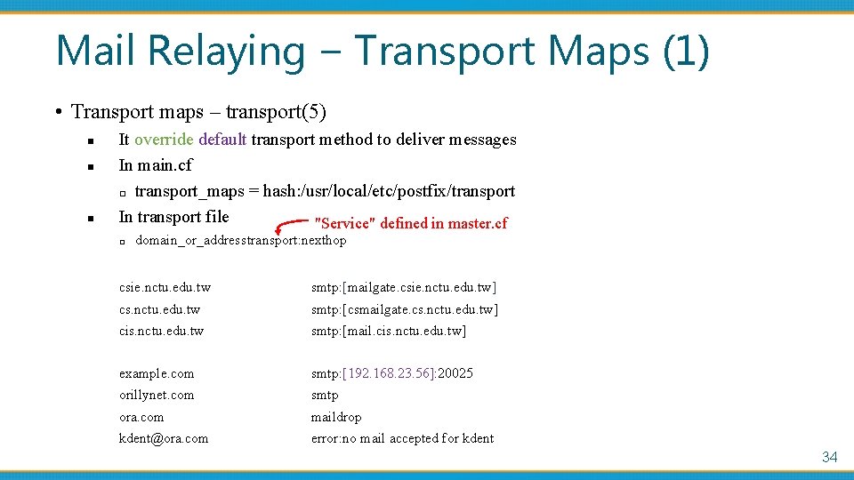 Mail Relaying – Transport Maps (1) • Transport maps – transport(5) n n n