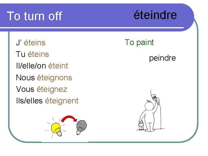 To turn off J’ éteins Tu éteins Il/elle/on éteint Nous éteignons Vous éteignez Ils/elles