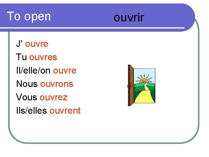 To open J’ ouvre Tu ouvres Il/elle/on ouvre Nous ouvrons Vous ouvrez Ils/elles ouvrent