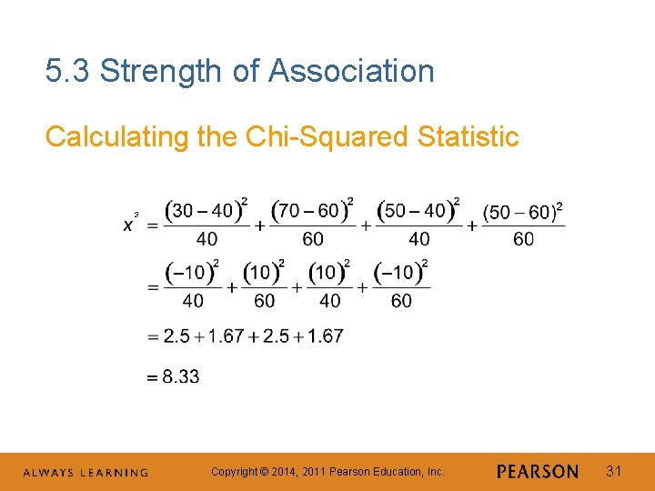 5. 3 Strength of Association Calculating the Chi-Squared Statistic Copyright © 2014, 2011 Pearson
