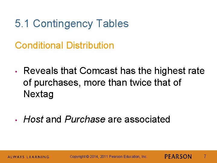5. 1 Contingency Tables Conditional Distribution • • Reveals that Comcast has the highest