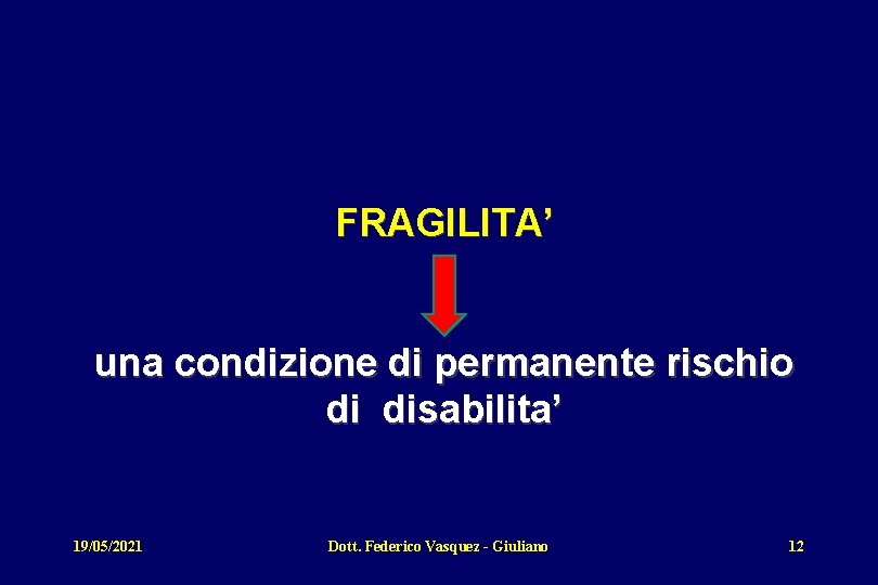 FRAGILITA’ una condizione di permanente rischio di disabilita’ 19/05/2021 Dott. Federico Vasquez - Giuliano