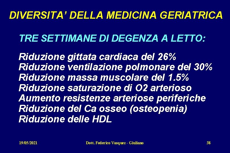 DIVERSITA’ DELLA MEDICINA GERIATRICA TRE SETTIMANE DI DEGENZA A LETTO: Riduzione gittata cardiaca del