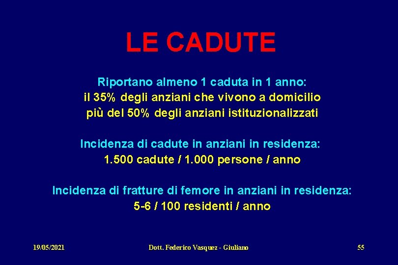 LE CADUTE Riportano almeno 1 caduta in 1 anno: il 35% degli anziani che