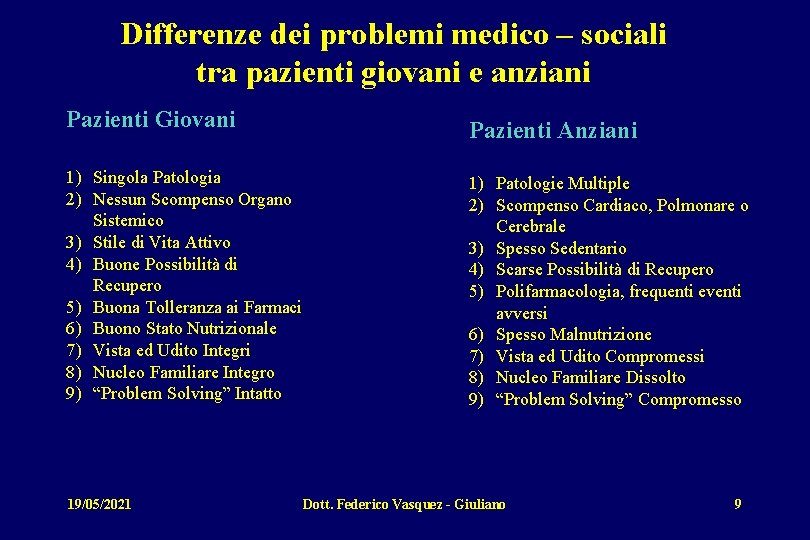 Differenze dei problemi medico – sociali tra pazienti giovani e anziani Pazienti Giovani 1)