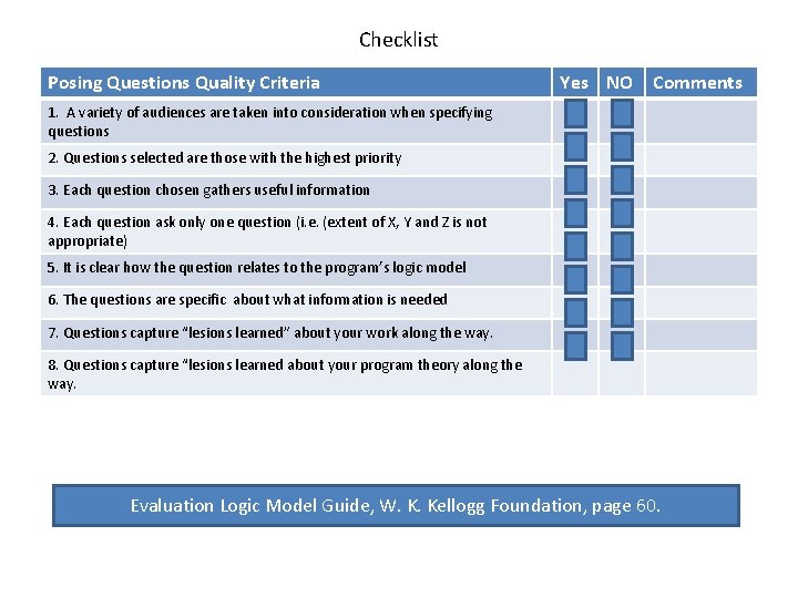 Checklist Posing Questions Quality Criteria Yes NO Comments 1. A variety of audiences are