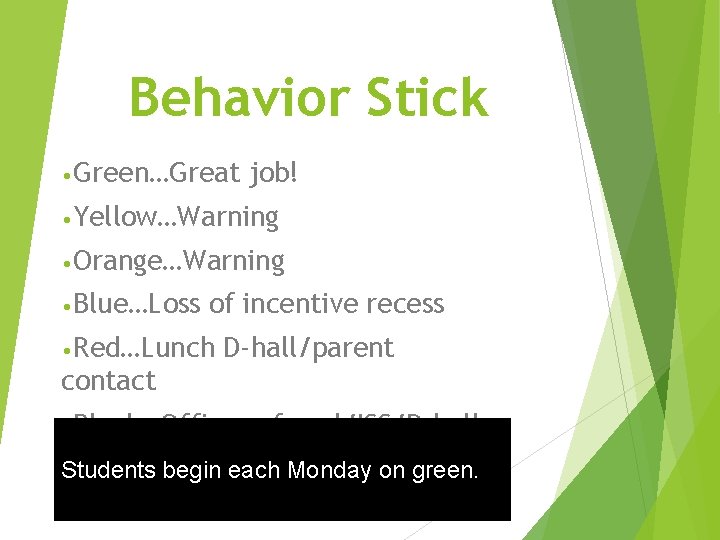 Behavior Stick • Green…Great job! • Yellow…Warning • Orange…Warning • Blue…Loss of incentive recess