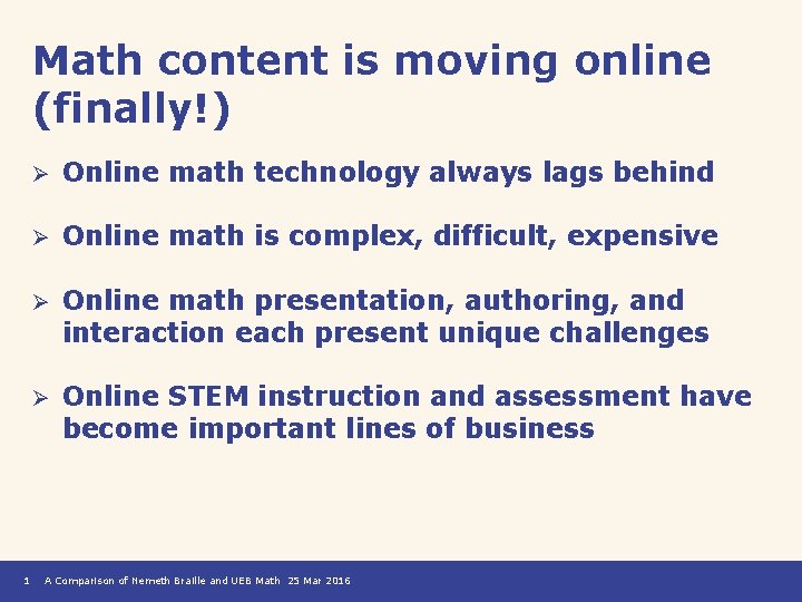 Math content is moving online (finally!) 1 Ø Online math technology always lags behind