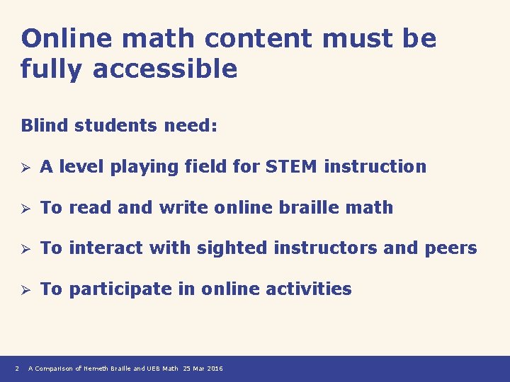 Online math content must be fully accessible Blind students need: 2 Ø A level