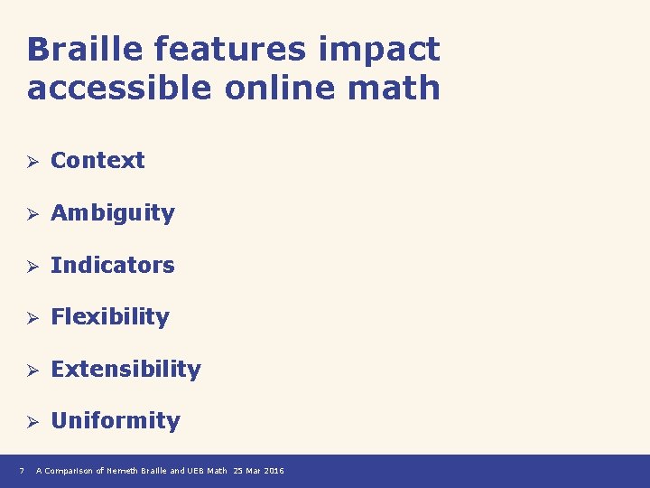 Braille features impact accessible online math 7 Ø Context Ø Ambiguity Ø Indicators Ø