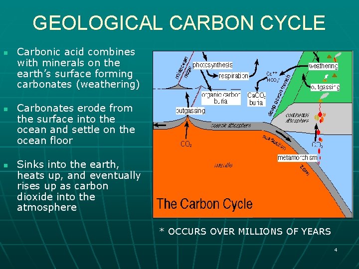 GEOLOGICAL CARBON CYCLE n n n Carbonic acid combines with minerals on the earth’s