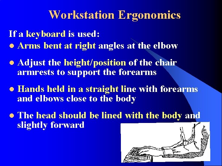 Workstation Ergonomics If a keyboard is used: l Arms bent at right angles at