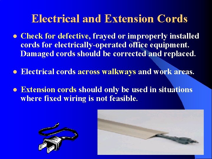 Electrical and Extension Cords l Check for defective, frayed or improperly installed cords for