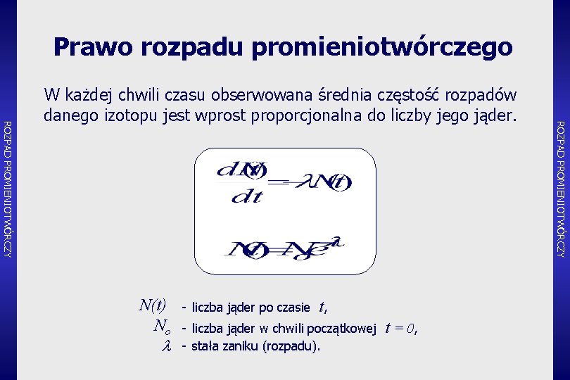 Prawo rozpadu promieniotwórczego N(t) No l liczba jąder po czasie t, liczba jąder w