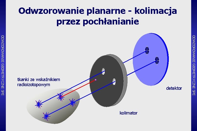 Odwzorowanie planarne - kolimacja przez pochłanianie detektor kolimator ODWZOROWANIE GEOMETRYCZNE SPE tkanki ze wskaźnikiem