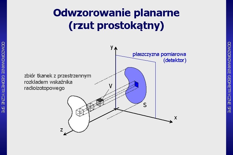 Odwzorowanie planarne (rzut prostokątny) płaszczyzna pomiarowa (detektor) zbiór tkanek z przestrzennym rozkładem wskaźnika radioizotopowego