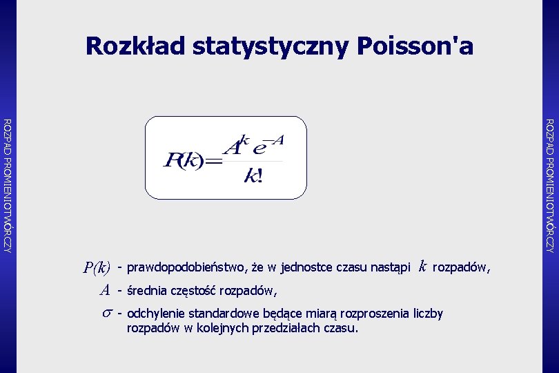 Rozkład statystyczny Poisson'a ROZPAD PROMIENIOTWÓRCZY P(k) A s prawdopodobieństwo, że w jednostce czasu nastąpi