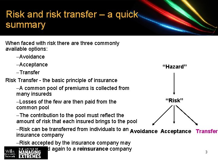 Risk and risk transfer – a quick summary When faced with risk there are